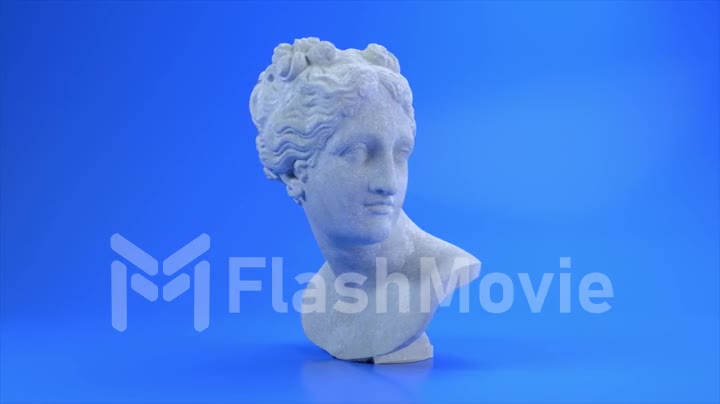 Ancient Roman white marble rotating head of Venus on a blue background. 3d animation of a seamless loop.