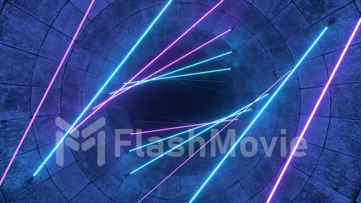 Flying in a concrete tunnel with neon lighting. Halogen lamps. Abstract background. Modern blue-violet light spectrum. 3d illustration