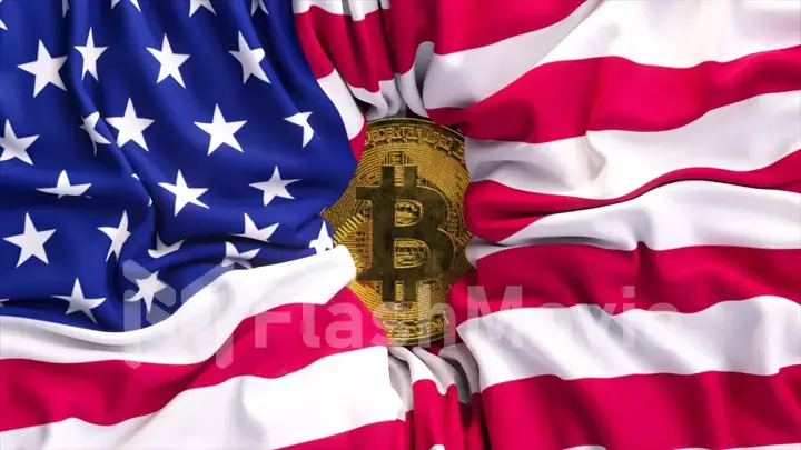 Cryptocurrency concept. The American flag shrinks around a bitcoin. Creases in fabric. USA. 3d illustration