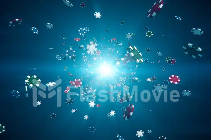 Flying casino chips in camera with rays of light on a colorful background 3d illustration