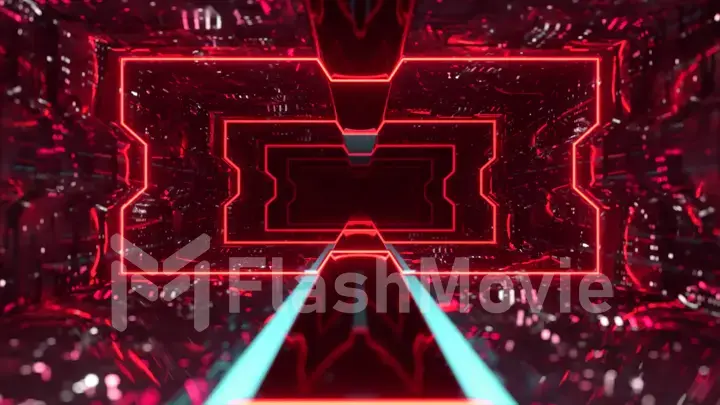 Futuristic animation of flying through a red tunnel with neon lights. 3d illustration