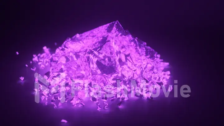 A cube of bright glowing stone shatters into thousands of small pieces in slow motion. Destruction concept 3d illustration