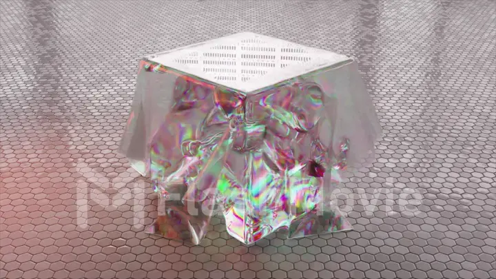 A transparent cube with a living diamond liquid inside stands on a shiny tile. A transparent cloth covers the cube.