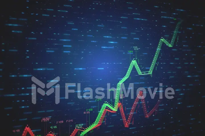 Two growing linear 3d illustration graphics showing positive and negative growth and trends with numbers in red-green on blue tech background with motion