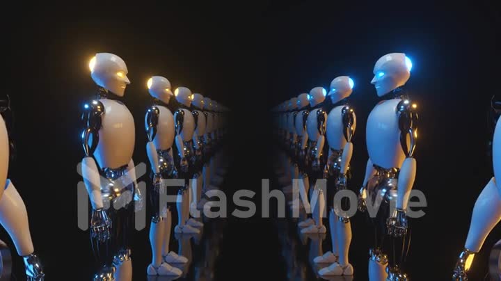 An endless corridor of robots facing each other