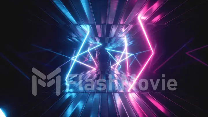 3d illustration, abstract metallic texture virtual reality tunnel. Futuristic motion graphic. Ultra violet neon light glow, fluorescent light. Flying forward corridor.