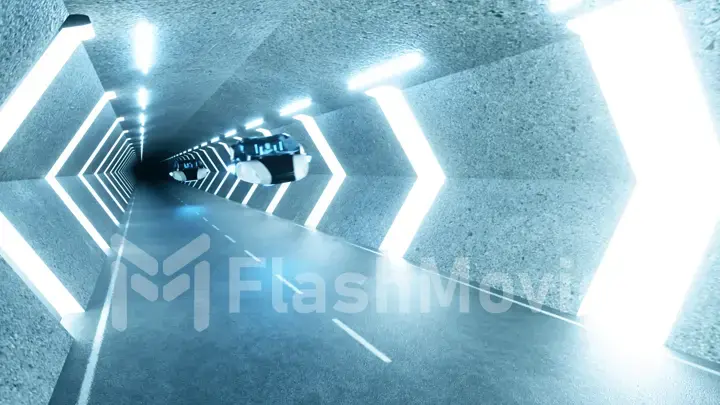 Futuristic long tunnel with flying cars. Robots in the driver's seat. Artificial intelligence and the concept of the future. 3d illustration
