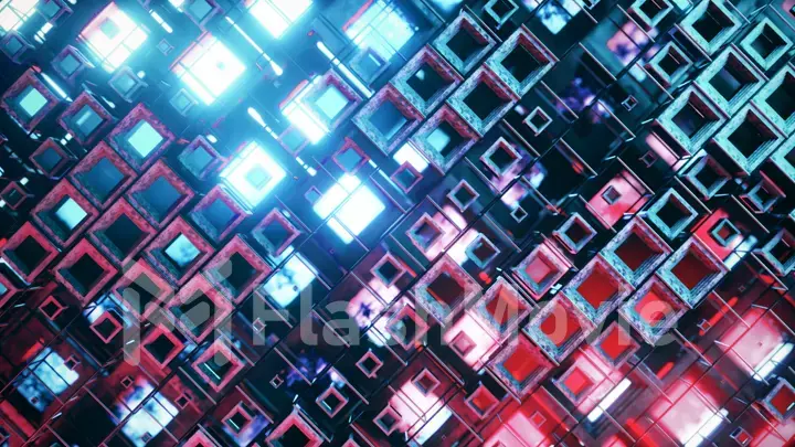 3d illustration of colorful glass rows of cubes floating through the prog, creating an abstract graphic background technology texture. Blue red color