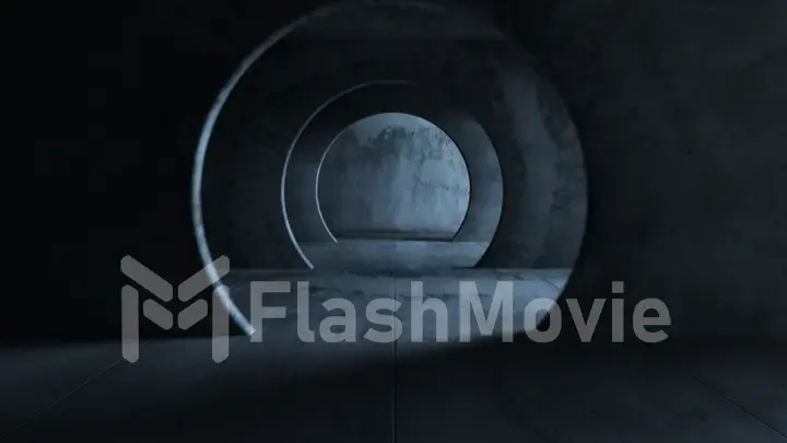 Endless flight in a gray concrete tunnel. The movement of the camera in a circle. Solar swap makes its way from different sides. 3d illustration