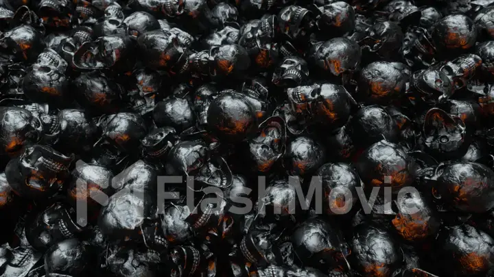 A camera span over an endless pile of black textured human skulls. The concept of death and horror. A bunch of skulls awesome halloween horror picture. 3d illustration