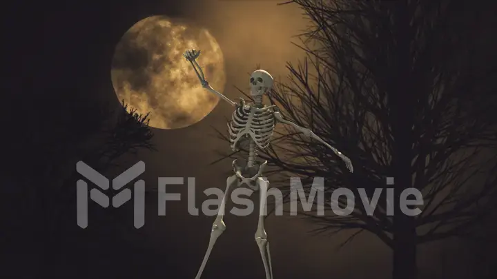Dancing 3d skeleton on the background full moon night sky. moon light. clouds and moon ,beautiful nightly spooky 3d illustration