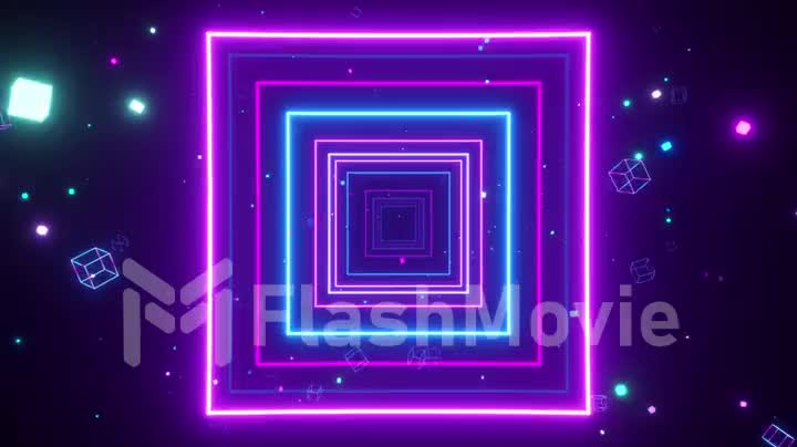 An endless tunnel of luminous multicolored neon squares