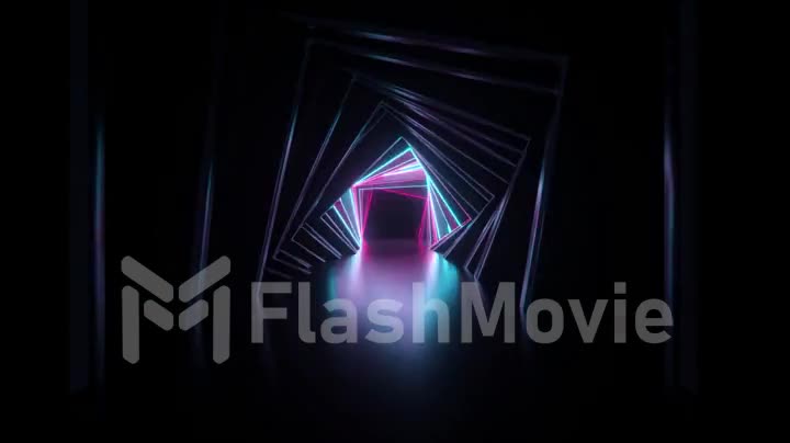 Abstract neon square tunnel technological. Endless swirling animated background. Modern neon light. Bright neon lines sparkle and move forward. Seamless loop 3d render