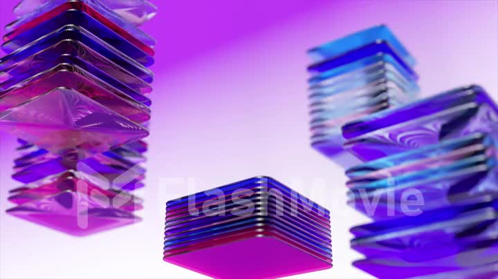 Colored abstract cards are rotated and stacked. Transparent flat square objects. 3d animation of a seamless loop.