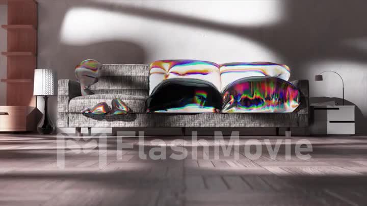 Gray sofa transforms into a liquid transparent rainbow substance. Office furniture. Coffee table. Shadow on the wall.