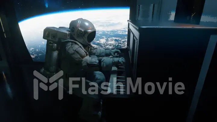 Astranaut in a spacesuit plays the piano in a spaceship overlooking the planet earth. Space and music concept. 3d illustration