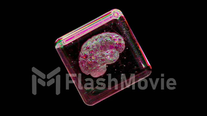 Abstract concept. Diamond brain inside a transparent glass cube. Pink color. Rainbow. 3d illustration.