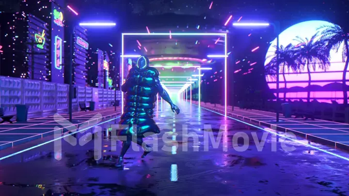 Cyberpunk guy dancing. Sunset background. Night city. Road. Blue neon. Futuristic concept. UFO. 3d illustration