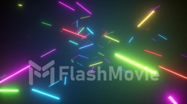 Infinite flight in space among fluorescent neon lamps. Modern rainbow spectrum. Seamless loop 3d render.