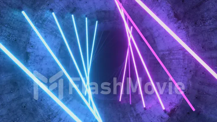 Flying in a concrete tunnel with neon lighting. Halogen lamps. Abstract background. Modern blue-violet light spectrum. 3d illustration