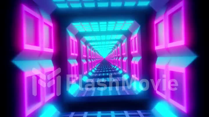 Flying through glowing spinning neon squares creating a tunnel, blue red pink violet spectrum, fluorescent ultraviolet light, modern colorful lighting, 4k loop animation