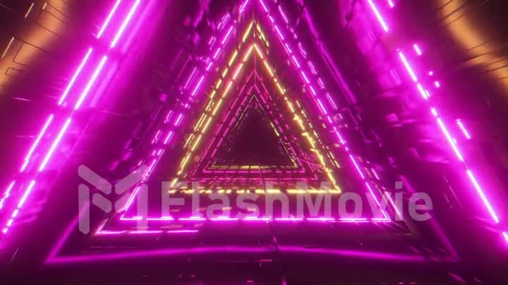 Beautiful abstract triangle tunnel with purple light lines moving fast. Background futuristic corridor with neon lights. Seamless loop 3d render