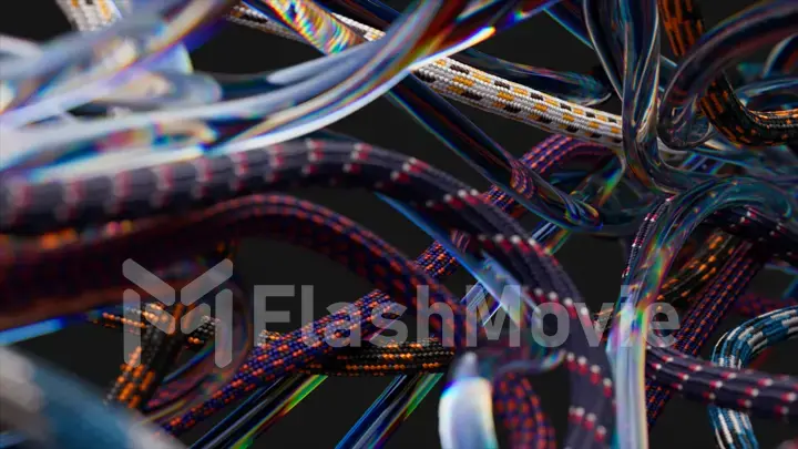 Live wires and ropes randomly move, twist and unwind. Black isolated background. Rainbow color. 3d illustration.