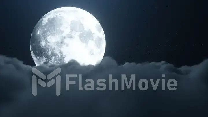 Beautiful realistic flight over cumulus lush clouds in the night moonlight. A large full moon shines brightly on a deep starry night. Cinematic scene. 3d illustration