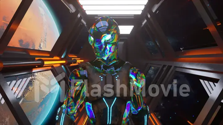 An alien walking on a spaceship close-up. Mars orbit. Neon diamond clothes. Space suit. Neon illumination.