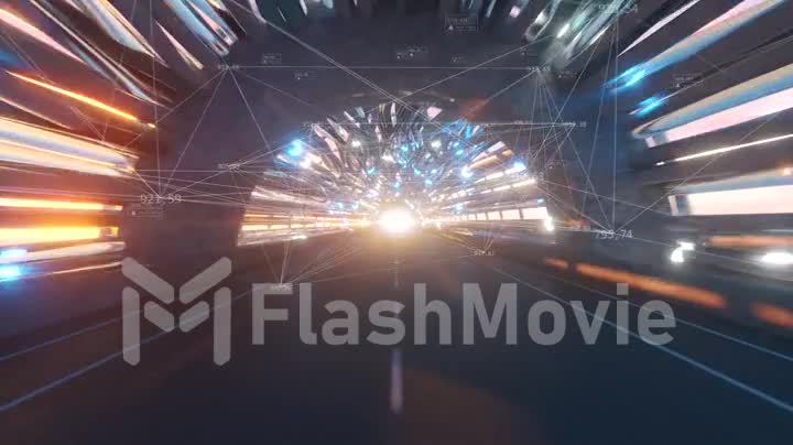 Flying in a futuristic fiber optic tunnel with a road. Future technologies concept. Business background. Pleasant natural lighting. Technological connections. Seamless loop 3d render