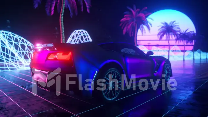 80s retro background 3d illustration. Futuristic car drive through neon abstract space.