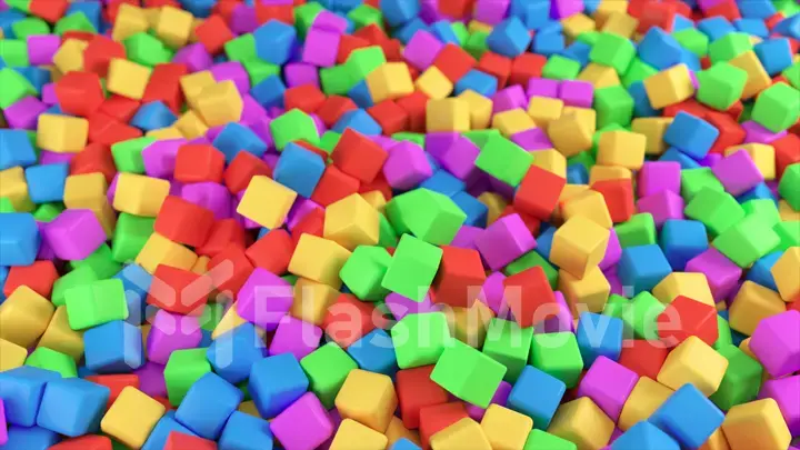 Colorful 3D illustration from a pile of abstract multicolored cubes rolling and falling from top to bottom.