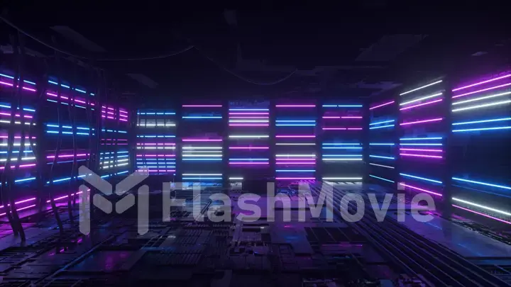 Neon background. Purple and blue neon background appears and disappears. Bright vibrant neon background. Technological space. Room. 3d illustration