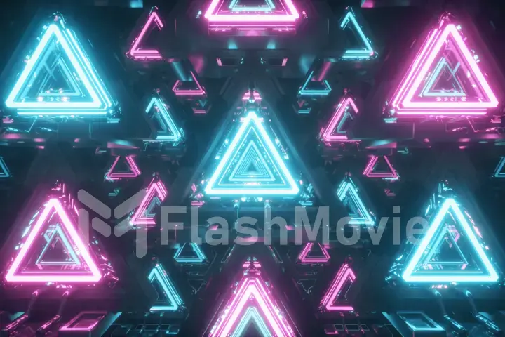 Abstract flying in futuristic metal corridor with triangles, fluorescent ultraviolet light, laser neon lines, geometric endless tunnel, blue pink spectrum, 3d illustration