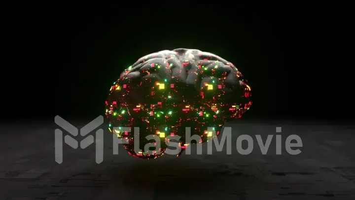 Futuristic concept. A glass brain floats above the surface. Microcircuits. Green red neon light. 3d Illustration