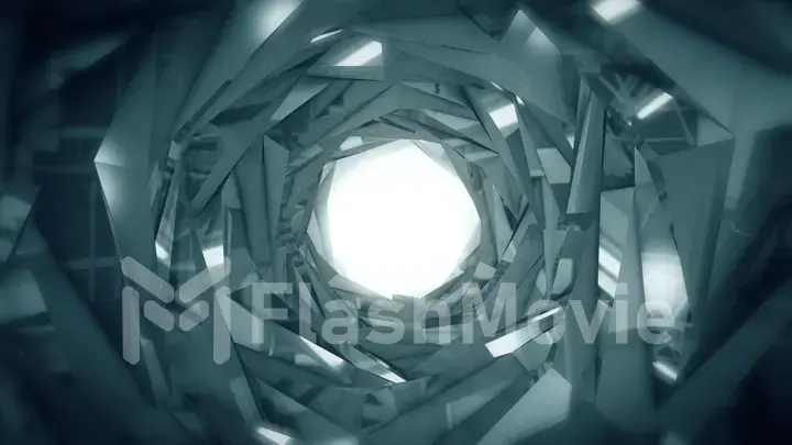 Abstract technology tunnel. Silver metal concstruciton sharp corners with reflections the camera rotates and moves forward towards the White light. Dynamic background for project 3d illustration