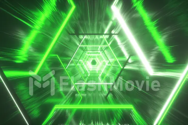 Flying through glowing neon hexagon creating a tunnel with grunge reflection, green spectrum, fluorescent ultraviolet light, modern colorful lighting, 3d illustration
