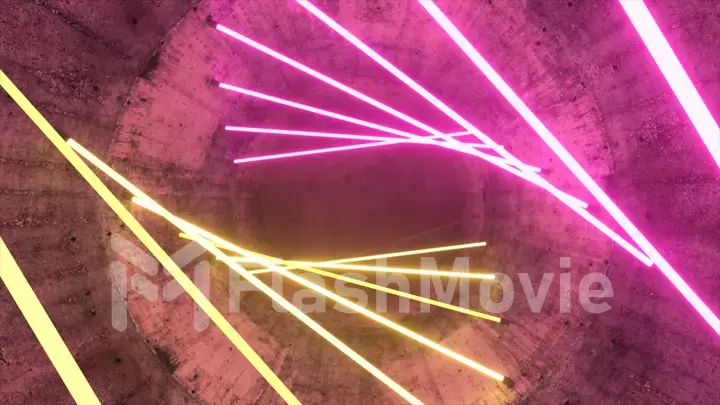 Flying in a concrete tunnel with neon lighting. Halogen lamps. Abstract background. Modern yellow pink spectrum. 3d illustration