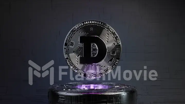 Dogecoin in a futuristic future room with neon lighting. Cryptocurrency concept. 3d illustration