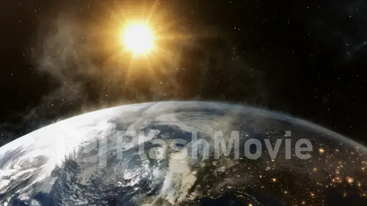 Our earth in cosmos and bright sun. 3d rendering