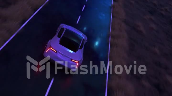 The car rushes at fast speed along the asphalt road along the desert into a fabulous sunset with a magical blue tint. 3d animation