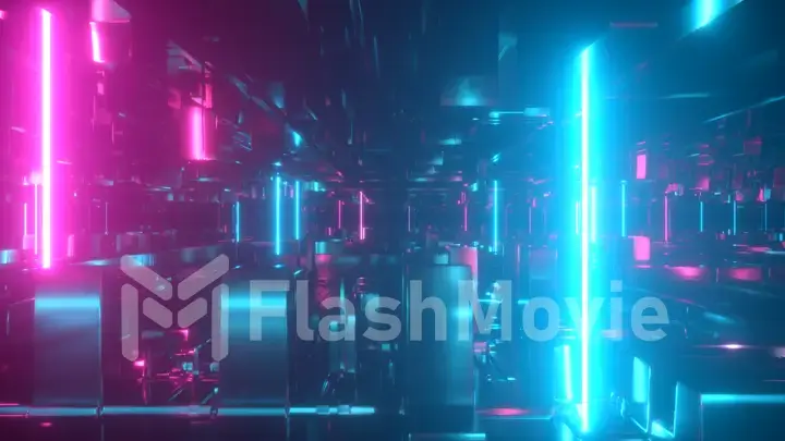 Flying in a technological abstract space with luminous neon tubes. Cyberpunk style. Modern ultraviolet spectrum of light. Blue purple color. 3d illustration