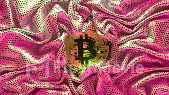 The bitcoin is surrounded by a bright golden pink fabric. Cryptocurrency. Gold coin. 3d illustration