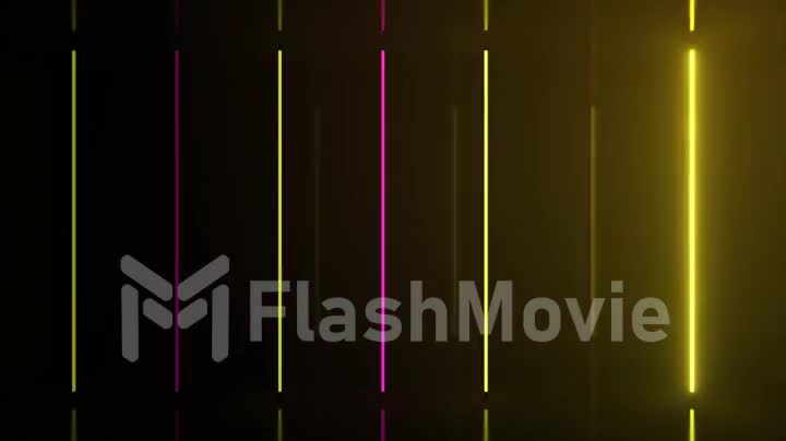 Neon halogen rainbow yellow pink lamps glow with futuristic bright reflections. 3d animation of seamless loop