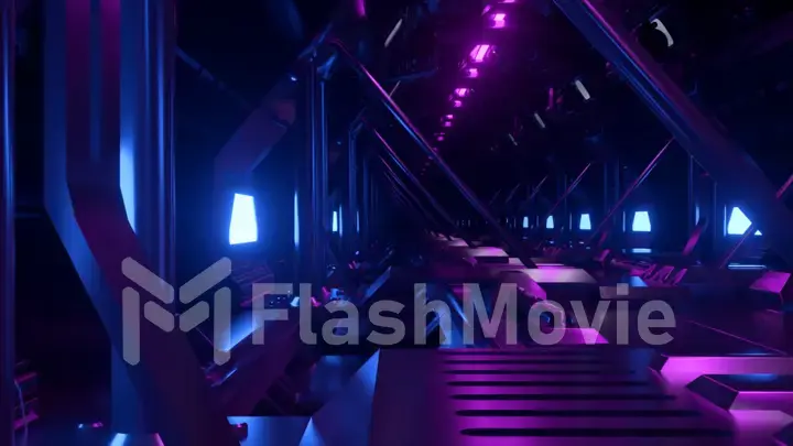 Neon tunnel on the big bridge. Spaceship in space. Blue purple light. 3d illustration.