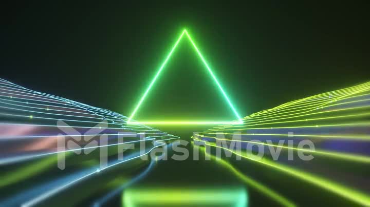 Abstract neon triangle tunnel technological. Animated background with a wave stepped surface. Modern neon light. Bright neon lines sparkle and move forward. Seamless loop 3d render