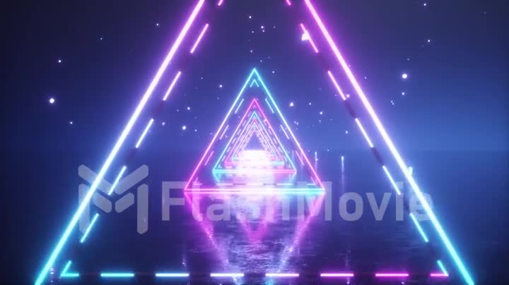 Flying through glowing neon triangles with metal floor creating a tunnel with fog, blue pink violet spectrum, fluorescent ultraviolet light, modern vj colorful lighting, 4k seamless loop animation