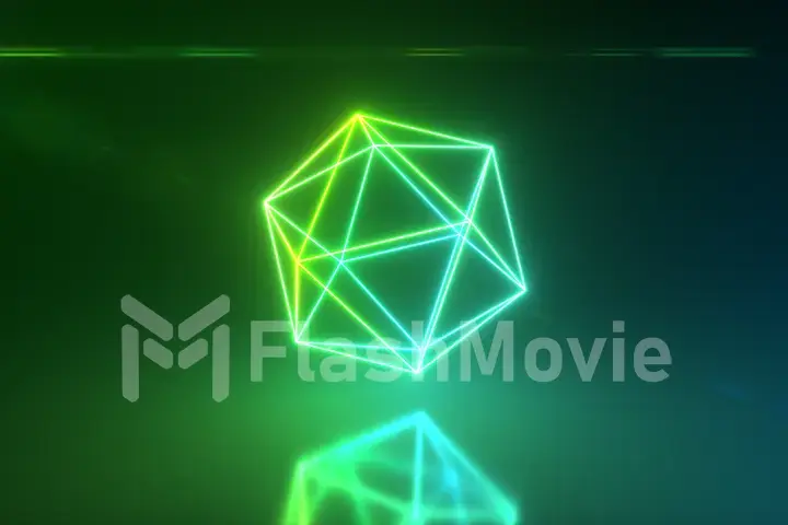 Abstract neon polygon rotating shape. Modern green color spectrum light. 3d illustration