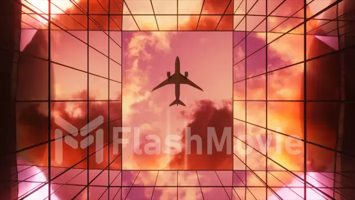 Passenger plane flying in the sky with clouds over a modern glass building at sunset. Bottom view. Travel concept. 3d illustration