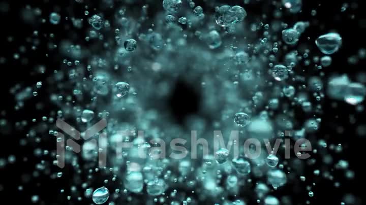 Explosion of water droplets into the camera in slow motion on an isolated black background.